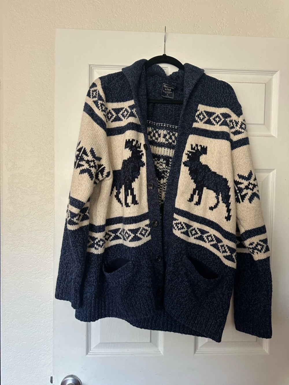 ABERCROMBIE & FITCH VTG fair isle cabin cardigan XL blue moose wool sweater